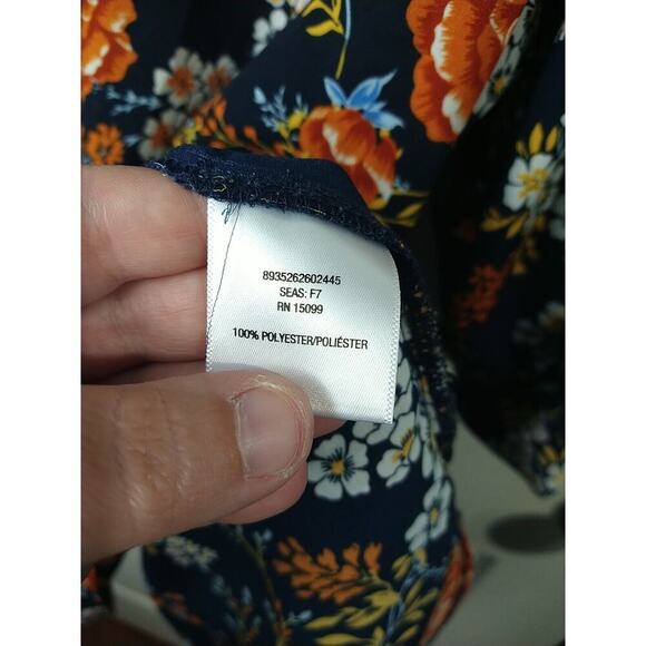 Simply Emma Woman 2X Blouse Blue Orange Floral Roll Tab Collared Button Front - Picture 8 of 10